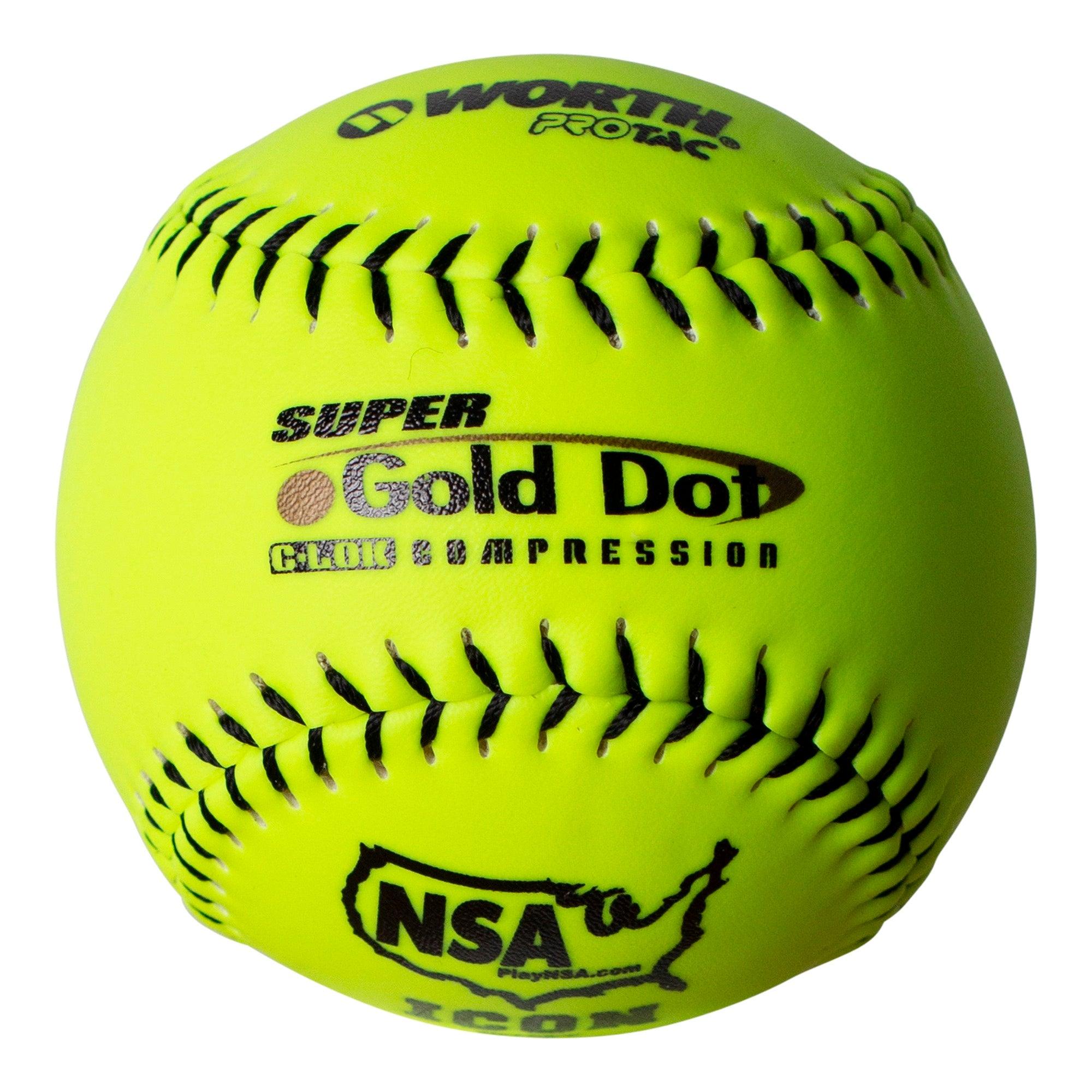 High-Quality Worth Super Gold Dot Extreme 44/400 NSA 12″ Slowpitch Softballs – NI12SY